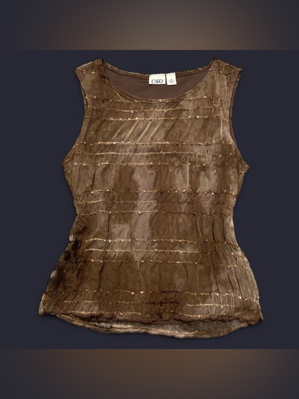 Y2K Boho Cato Brown Ruffled Dyed Sheer Top Gold Sequins Festival Size M Fairy